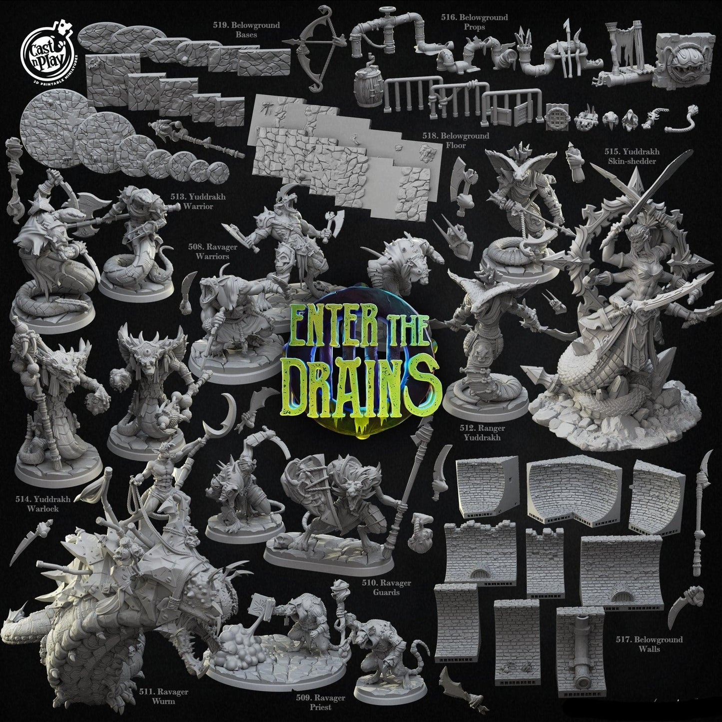 3D Printed Cast n Play Yuddrakh Skin-shedder Enter the Drains 28 32mm D&D