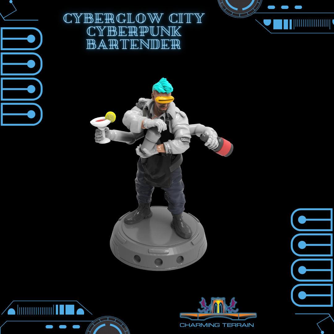 3D Printed Cyberglow City Cyberpunk Bartender Miniature - 28mm 32mm
