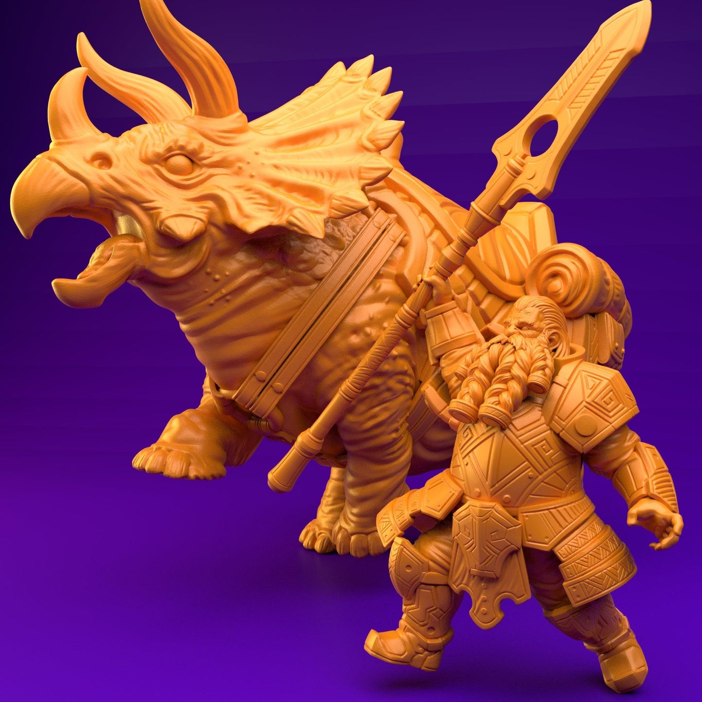 3D Printed Dwarf’s Army Nafarrate - Dwarf Triceratops Rider Set 28mm 32mm Ragnarok D&D