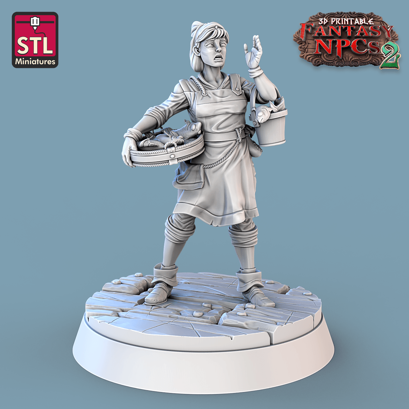 3D Printed STL Miniatures Fish Vendor Set Fantasy NPC 2 | 28 - 32mm War Gaming D&D