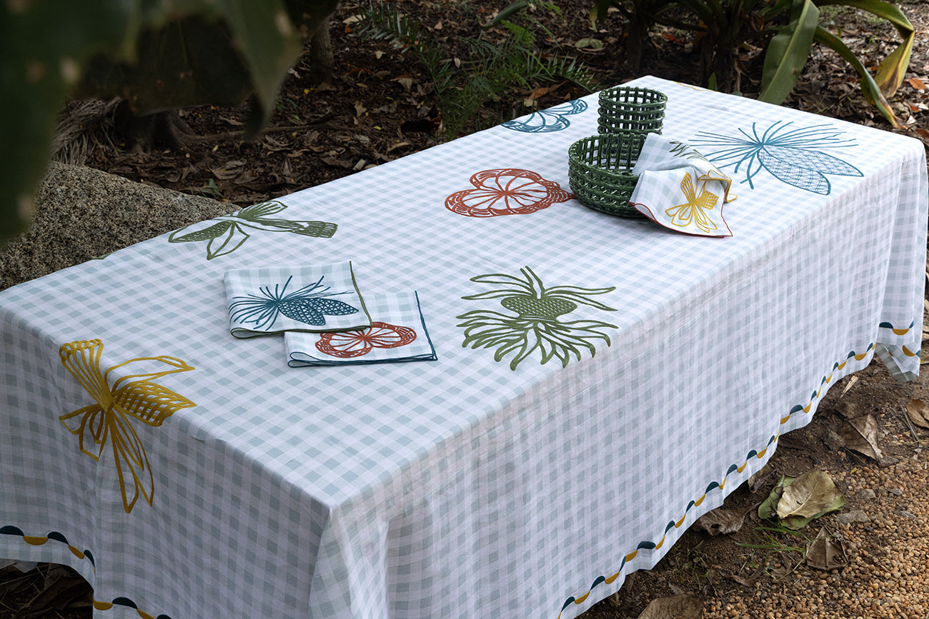 Hand Embroidered Pine and Picnic Tablecloth 120" x 80"
