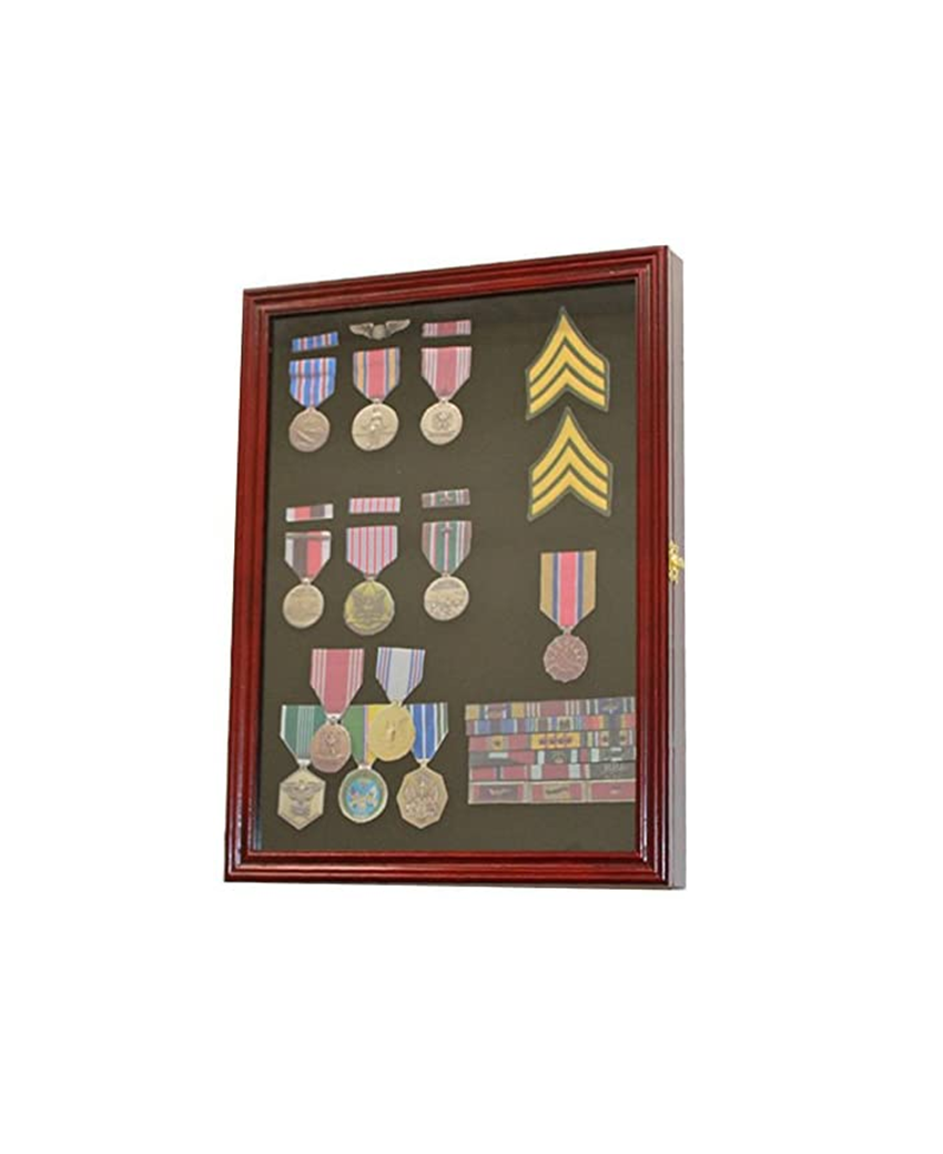 Cherry Finish Display Case Wall Frame Cabinet for Military Medals, Pins, Patches, Insignia, Ribbons, Brooches.