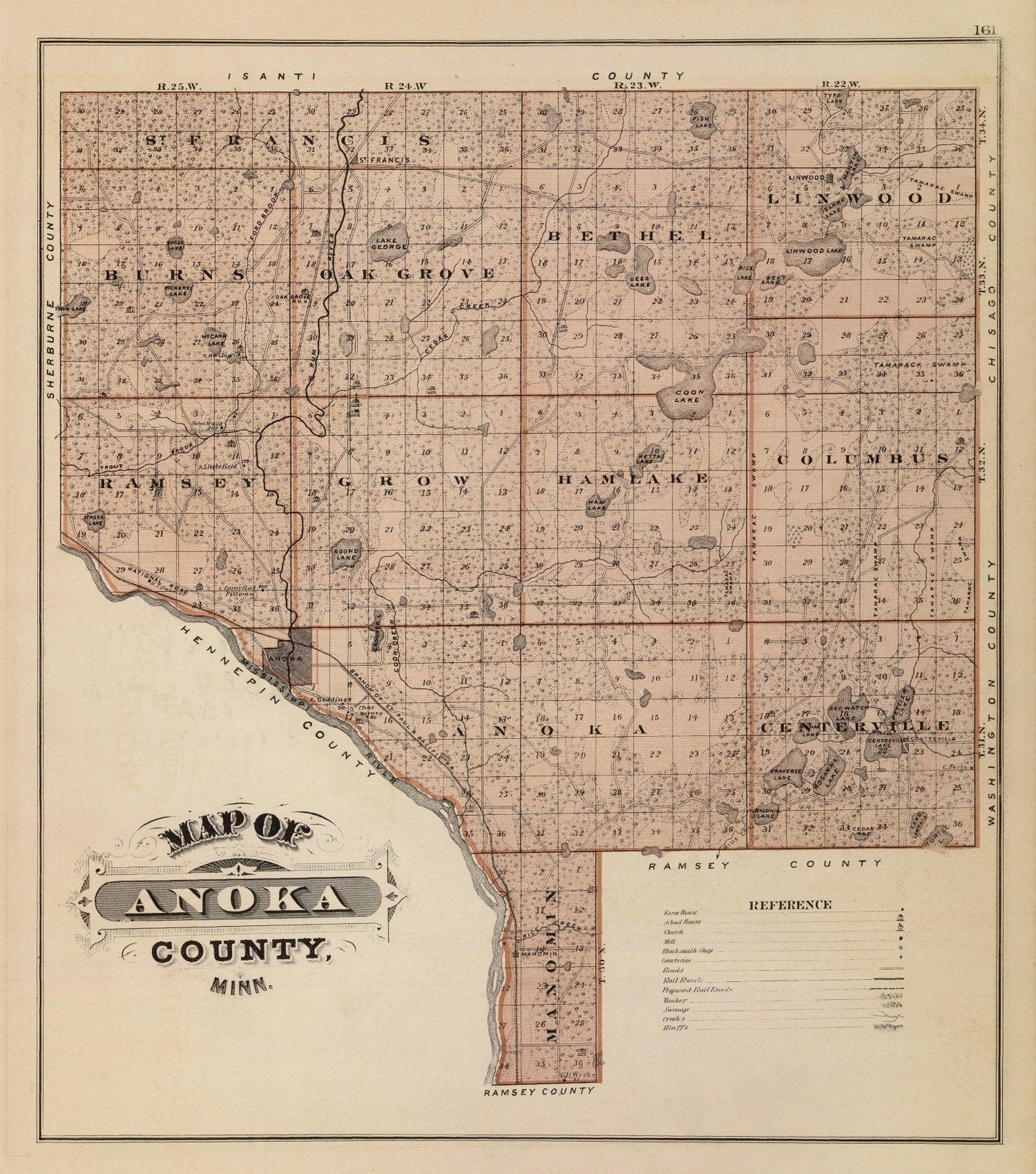 Vintage Map of Anoka County, Minnesota 1874