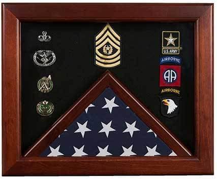 Military Flag medal display case, Mahogany wood for 3x5 flag, Felt available in blue or black