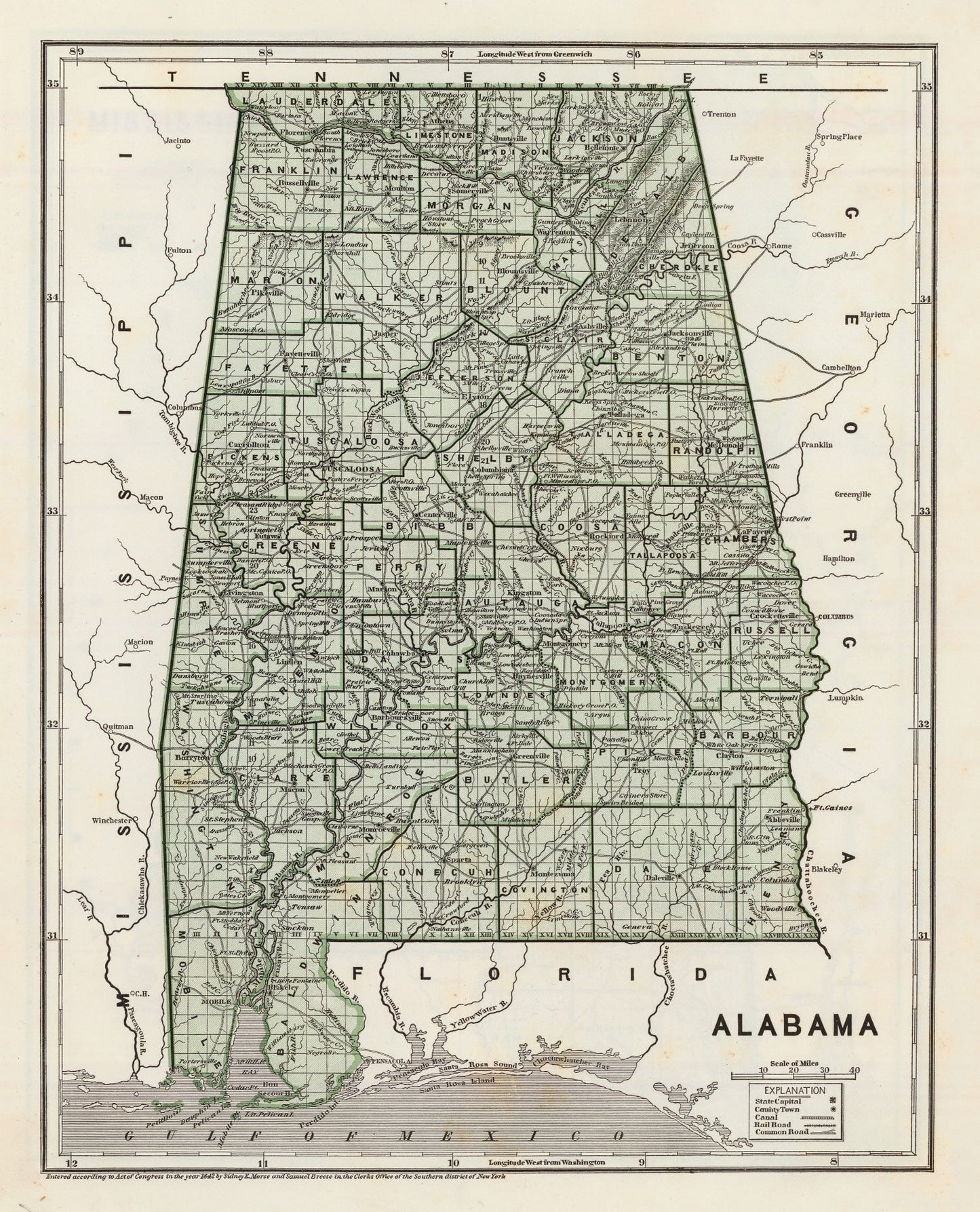 Vintage Map of Alabama 1842