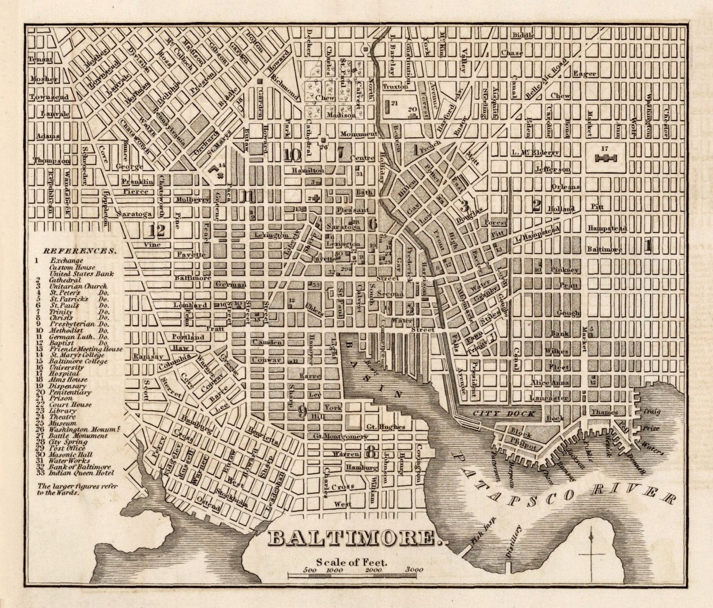 Vintage Map of Baltimore, Maryland 1844
