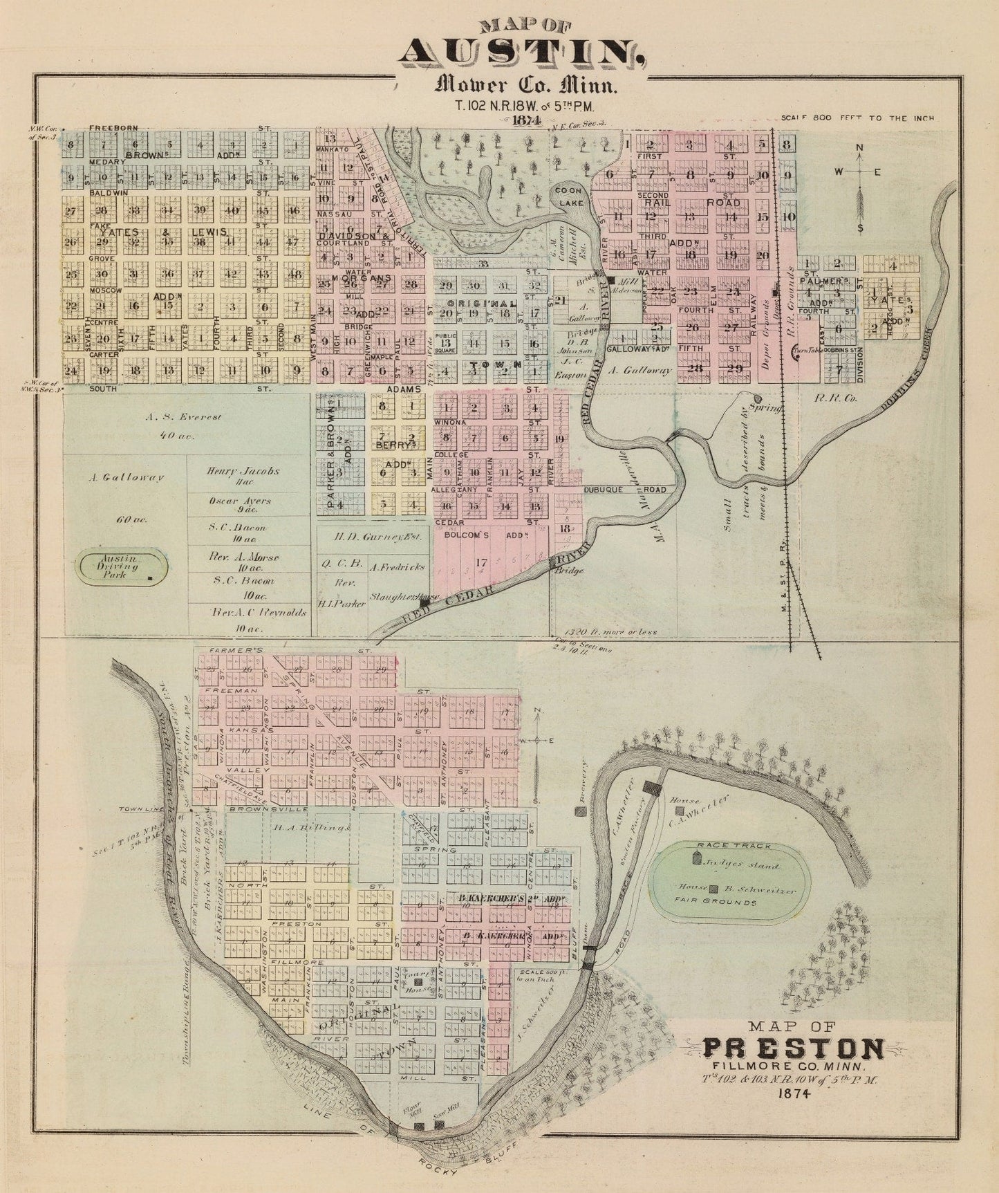 Vintage Map of Austin, Minnesota 1874