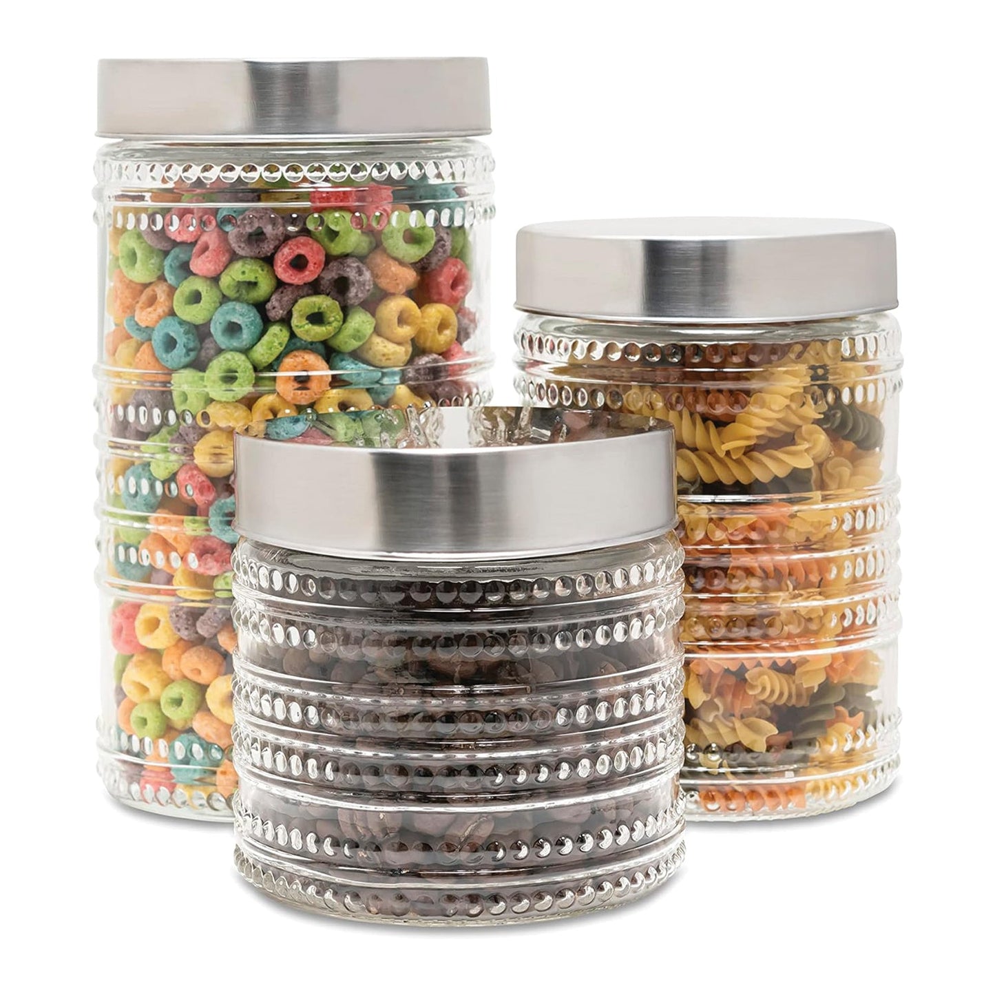 Beaded Round 3 Pieces Glass Canister Set
