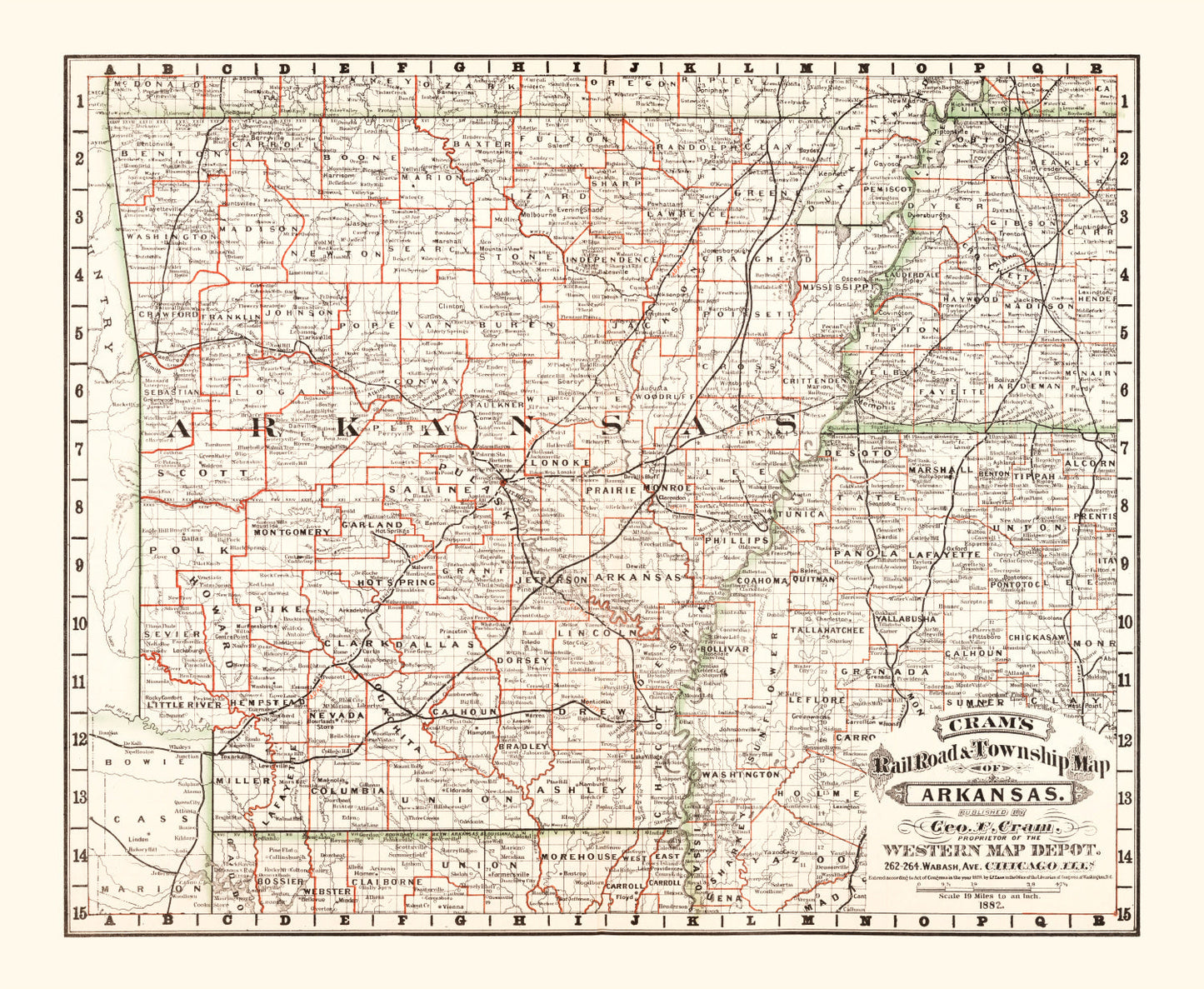 Vintage Railroad Map of Arkansas 1882