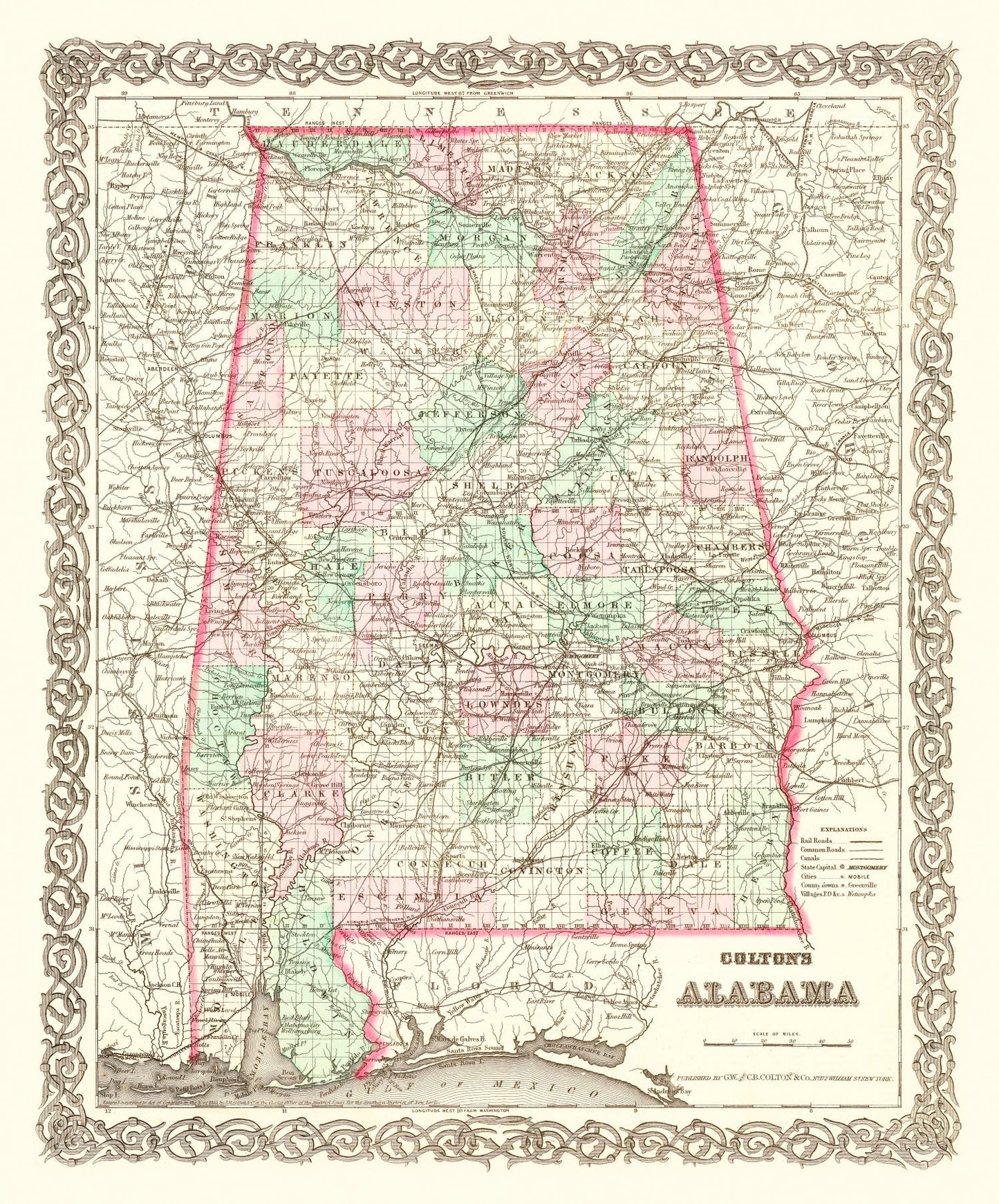 Vintage Map of Alabama 1871
