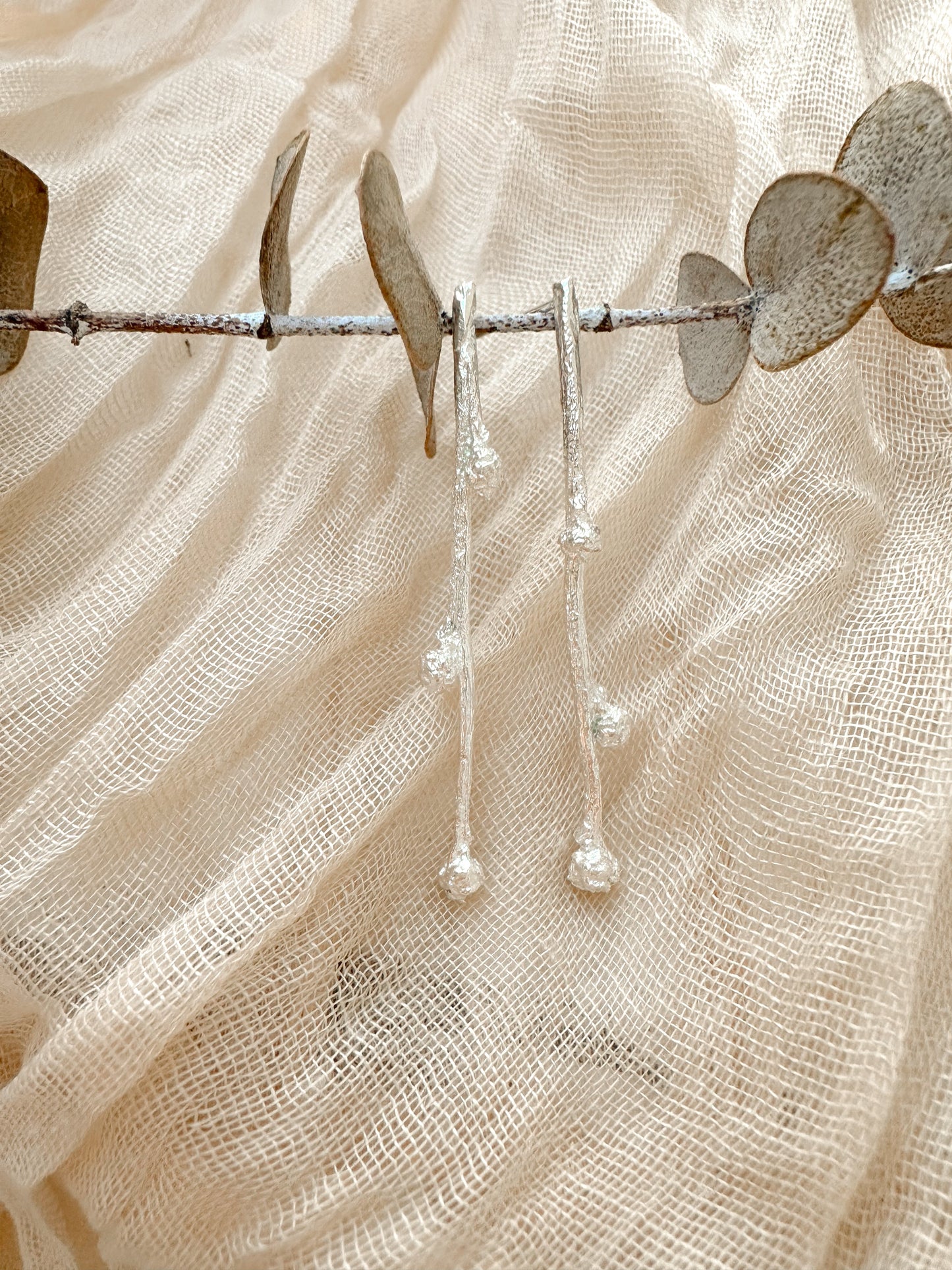 Budding Sprigs, elegant, earthy twig earrings studs with organic textures recycled sterling silver, Maine jewelry