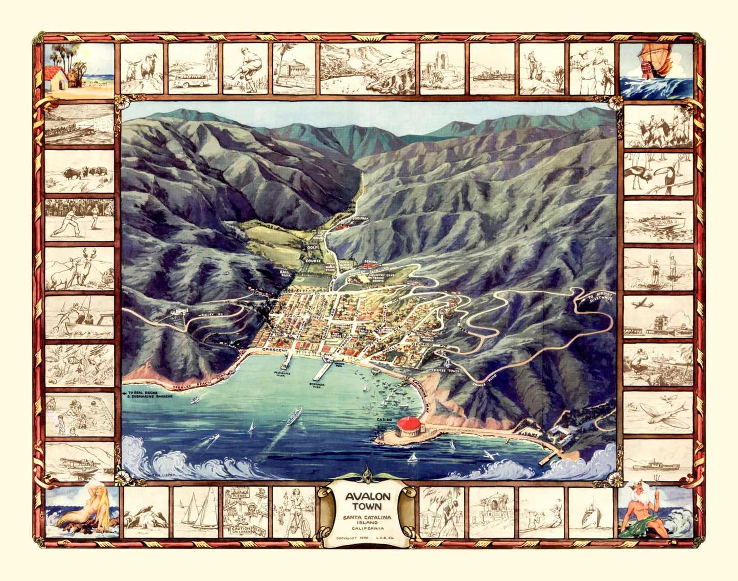 Vintage Avalon & Santa Catalina Island Map 1948