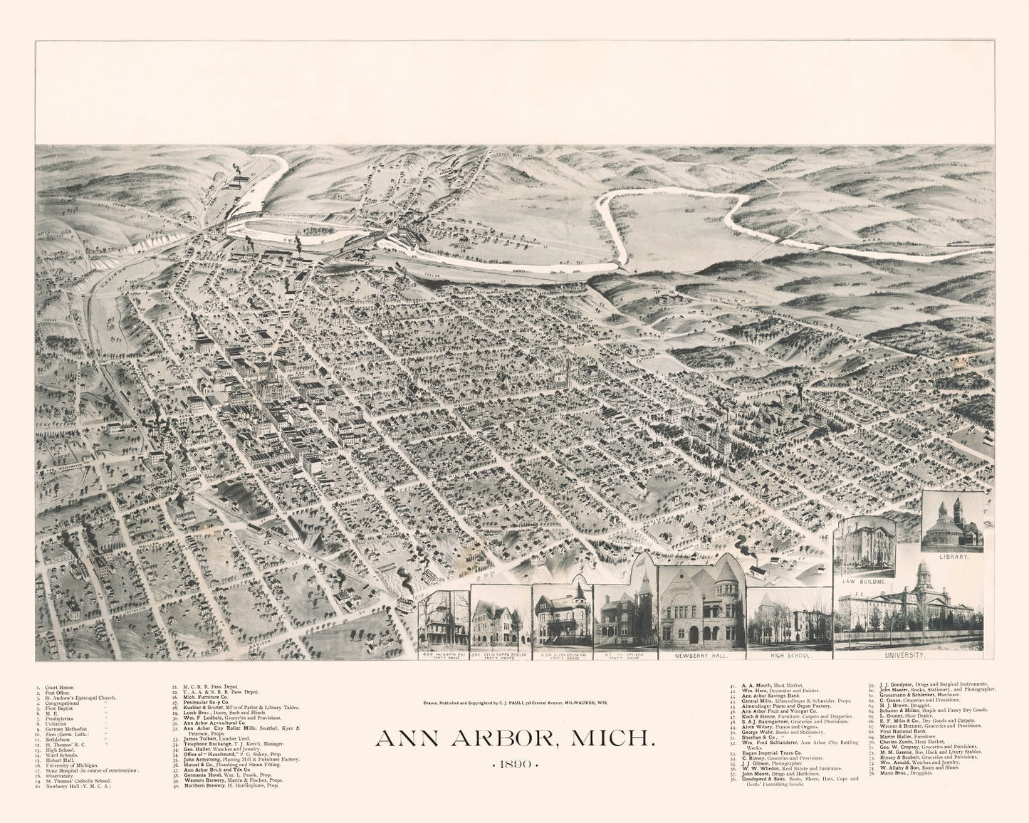 Vintage Map of Ann Arbor, Michigan 1890
