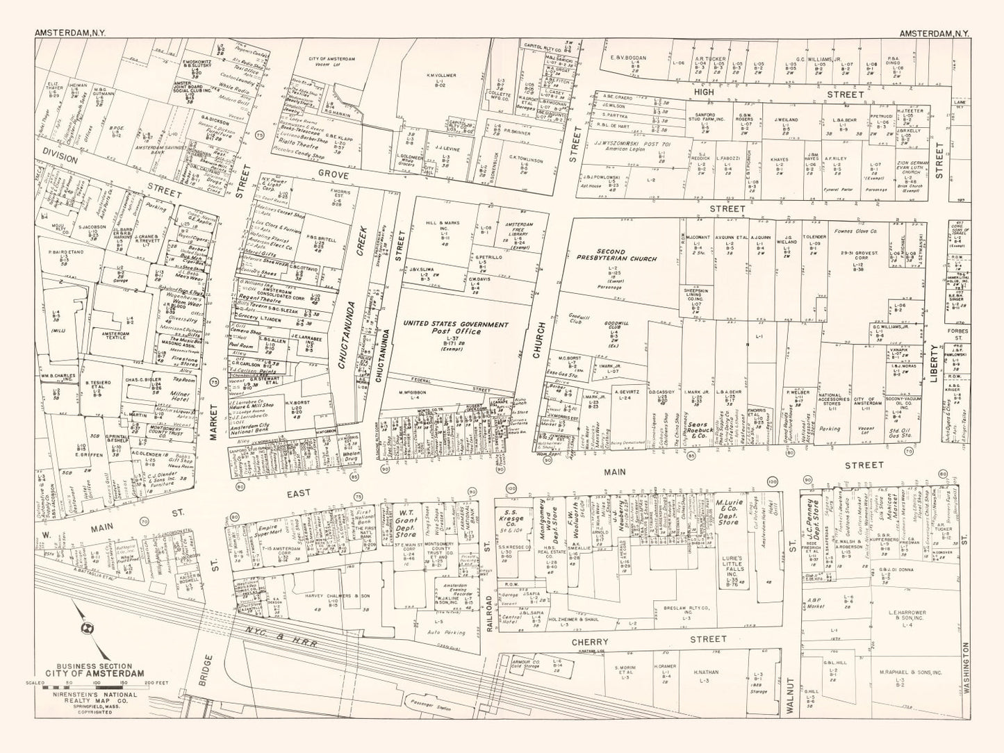 Vintage Map of Amsterdam, NY Business Section 1947