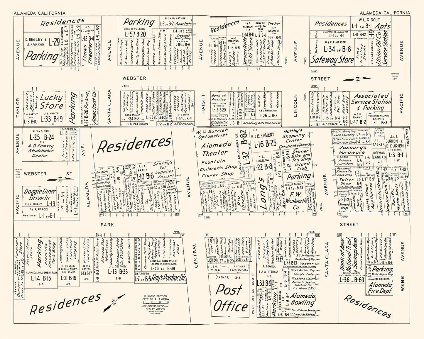 Vintage Map of Alameda, CA Business Section 1952