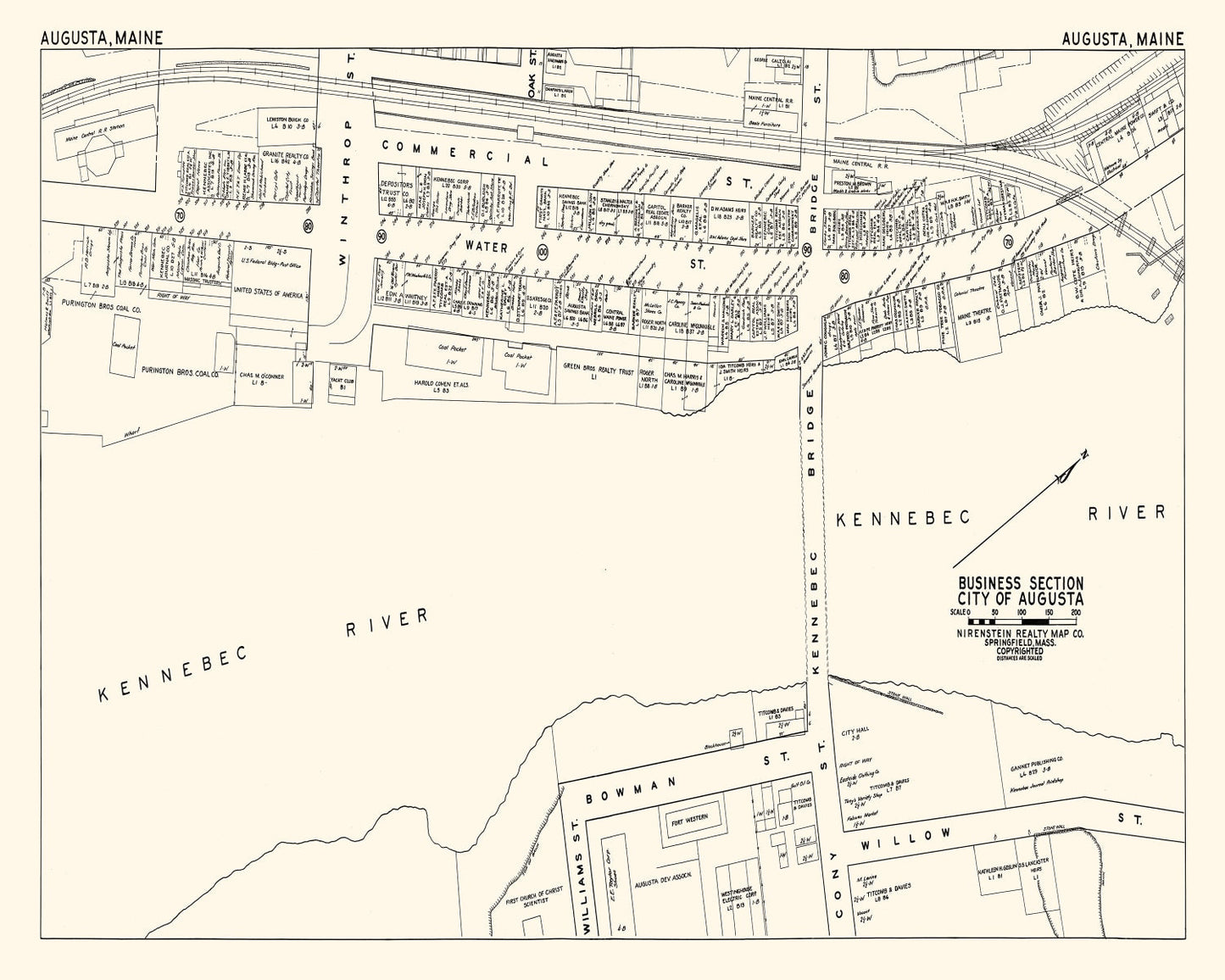 Vintage Map of Augusta, ME Business Section 1946