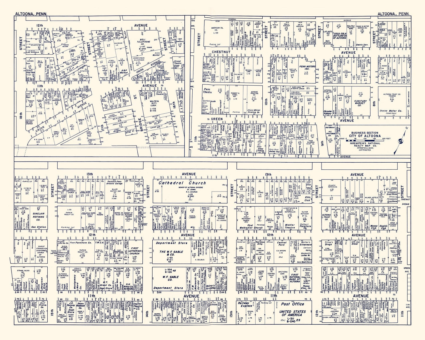 Vintage Map of Altoona, PA Business Section 1950