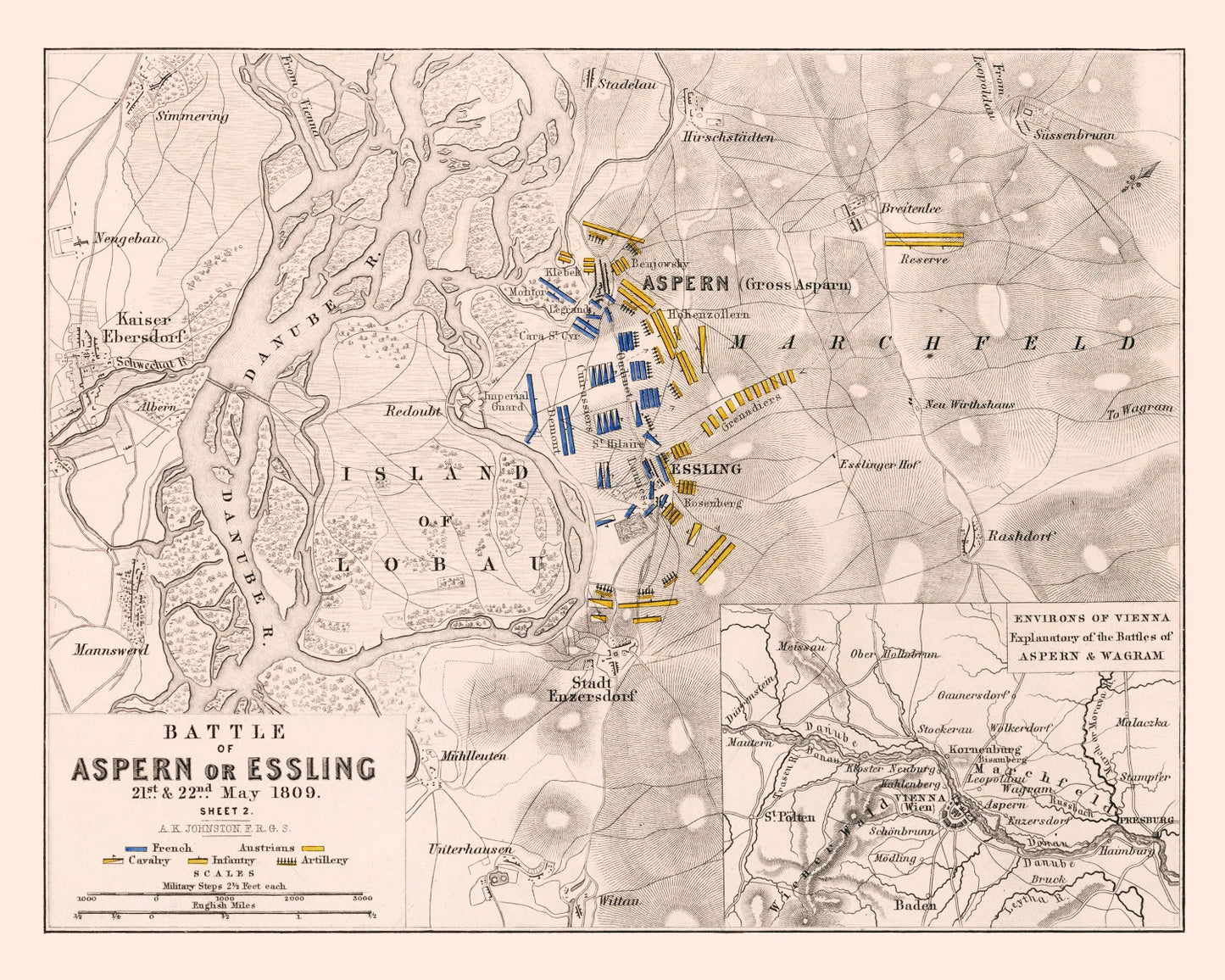 Vintage Map of the Battle of Aspern, 1809