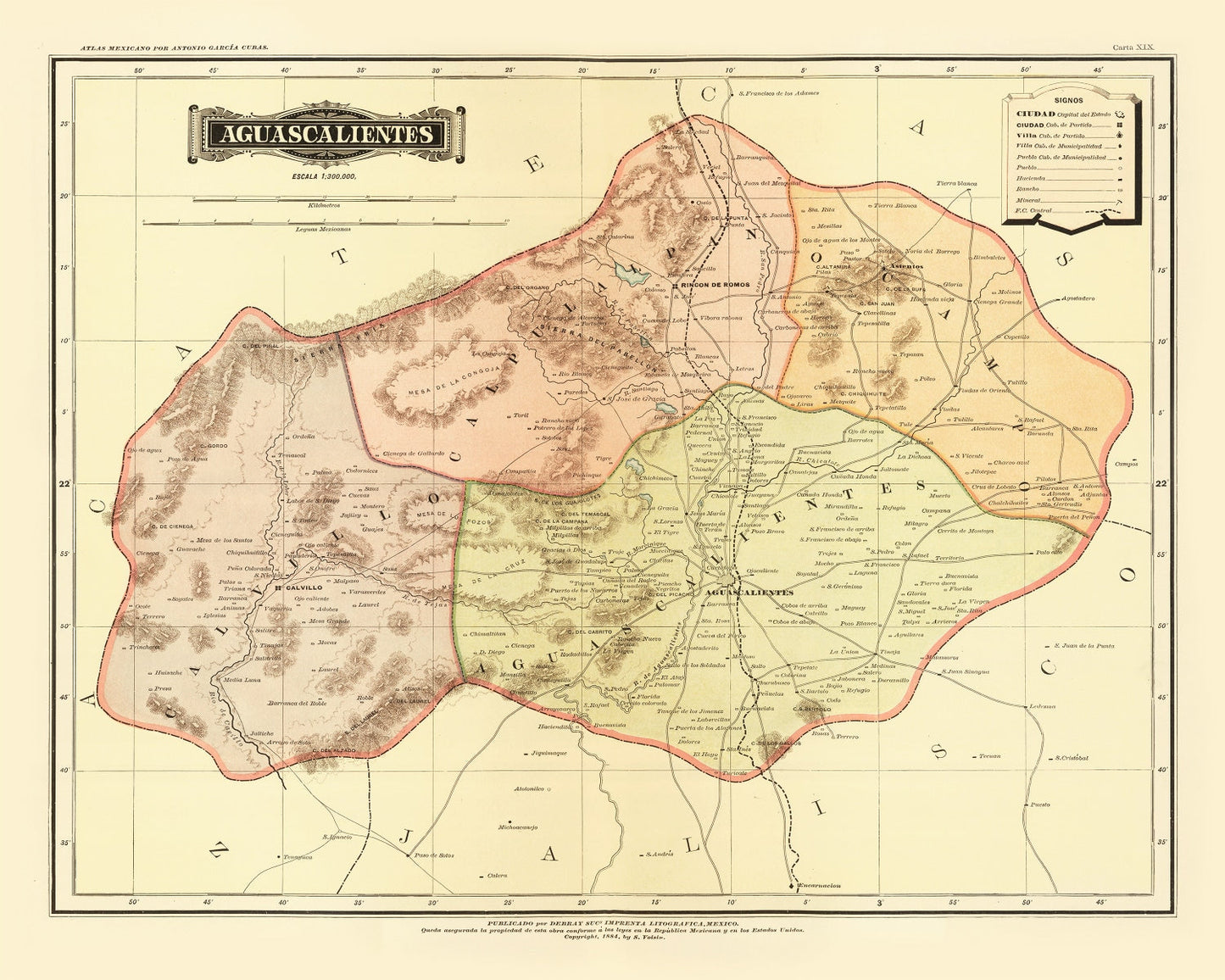Vintage Map of Aguascalientes Mexico, 1886