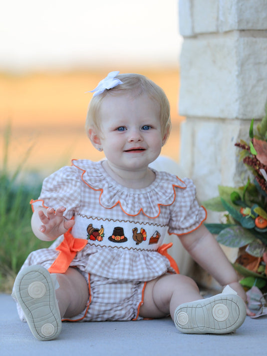 Thanksgiving Smocked Girls Dress Bloomer Set Turkey Embroidery