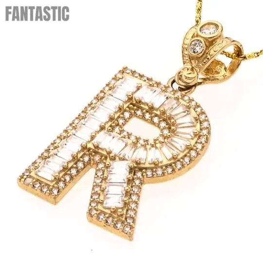 14K Gold CZ Bling Initial Letter R Pendant