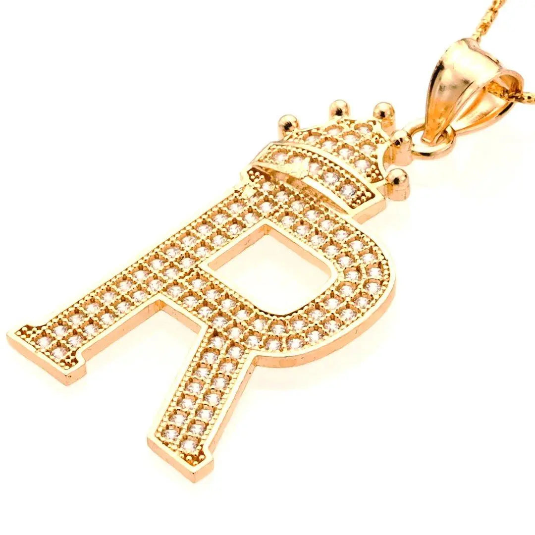 14K Gold CZ Crown Initial Letter R Pendant