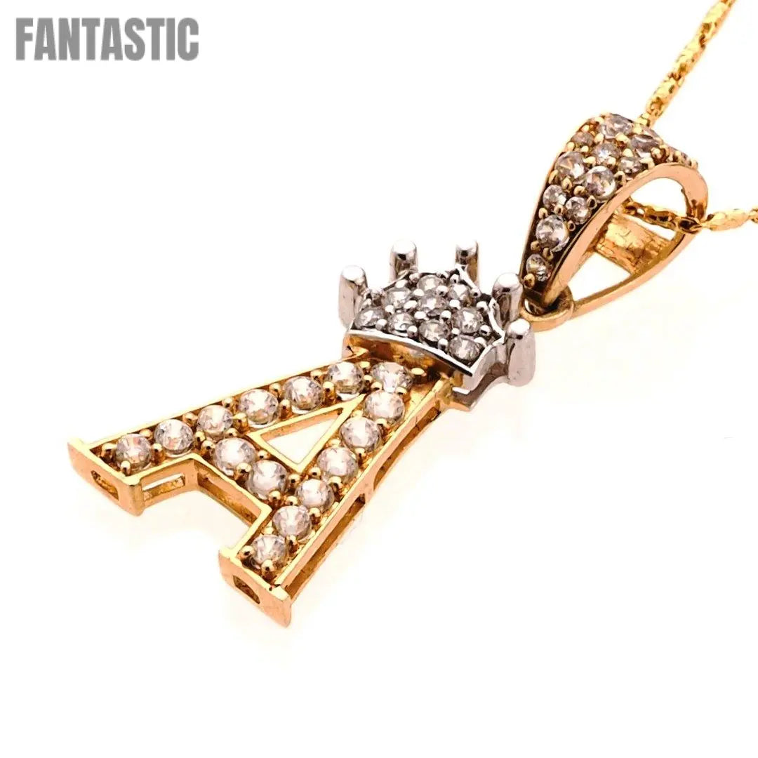 14K Gold CZ Crown Initial Letter A Pendant