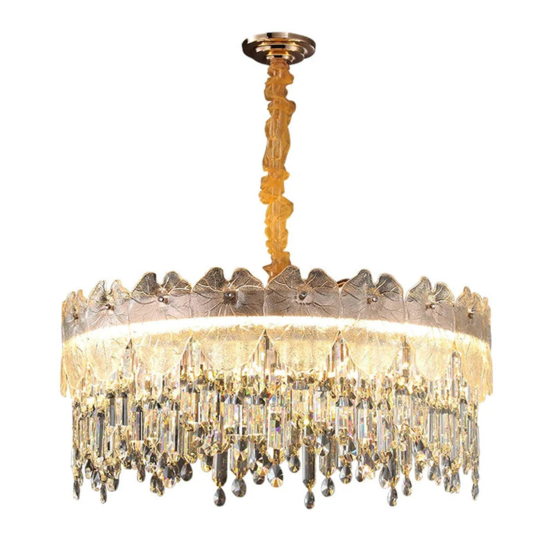 Golden Lotus Leaf Round Crystal Chandelier