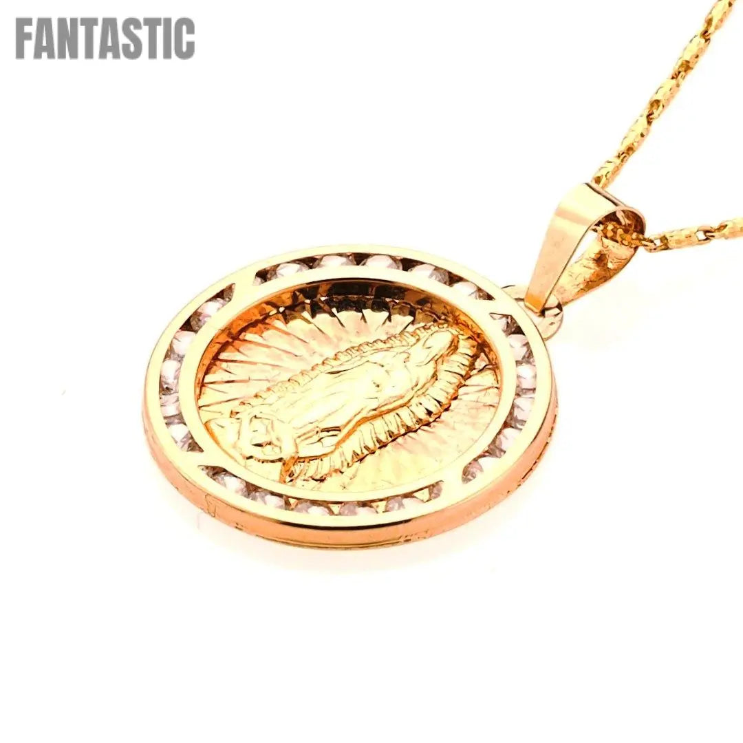 14K Gold CZ Guadalupe Virgin Pendant