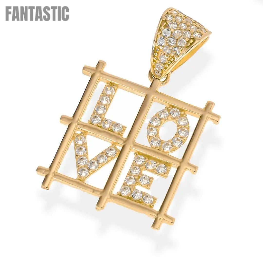 14K Gold CZ Heart LOVE Square Pendant