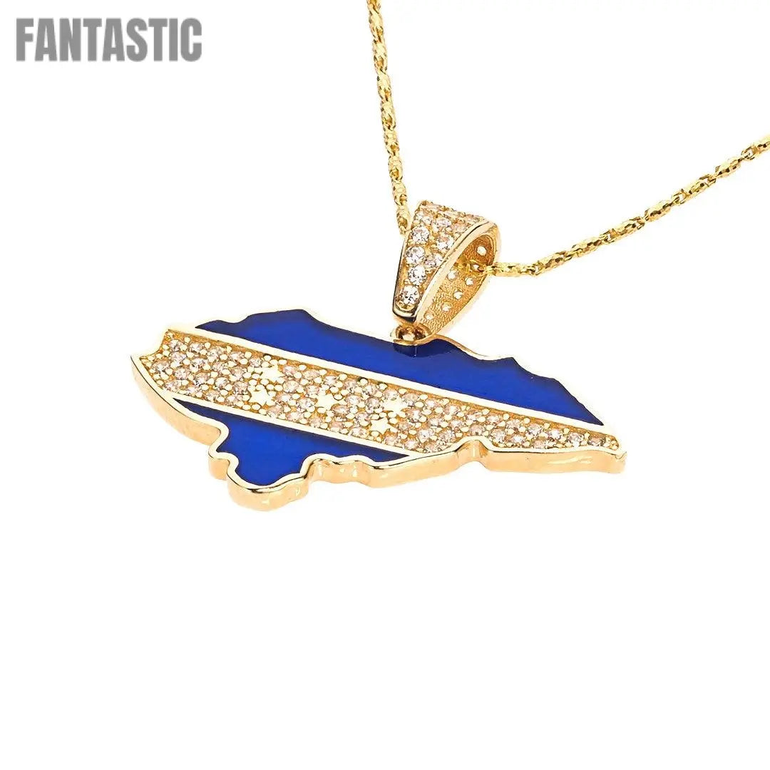 14K Gold CZ Honduras Map Flag Pendant