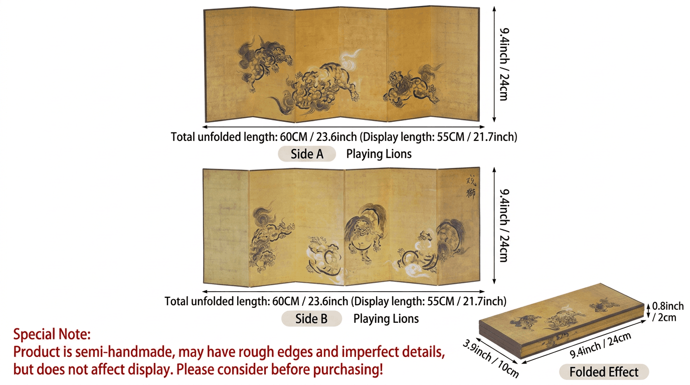 Japanese Zen "Dancing Lions" Mini Folding Screen (Byōbu) | Golden Leaf Double-Sided Guardian Lion Art | Traditional Komainu Desktop Décor | Wabi-Sabi Oriental Gift