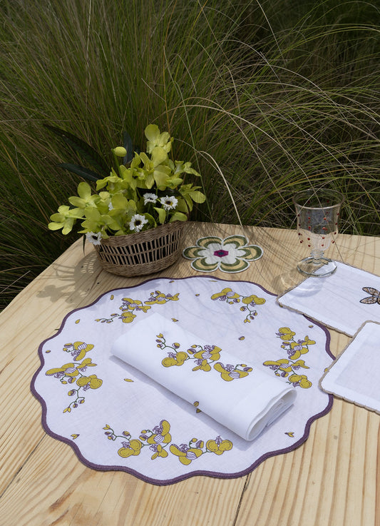 Hand Embroidered Vintage Floral Placemats 16" round (Set of 4)