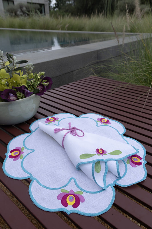Hand Embroidered Heirloom Petals Placemats 16" round (Set of 4)