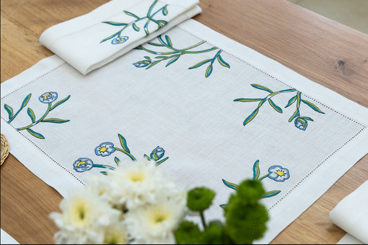 Hand Embroidered Floral Fresco Placemats 14" × 18" (Set of 4)