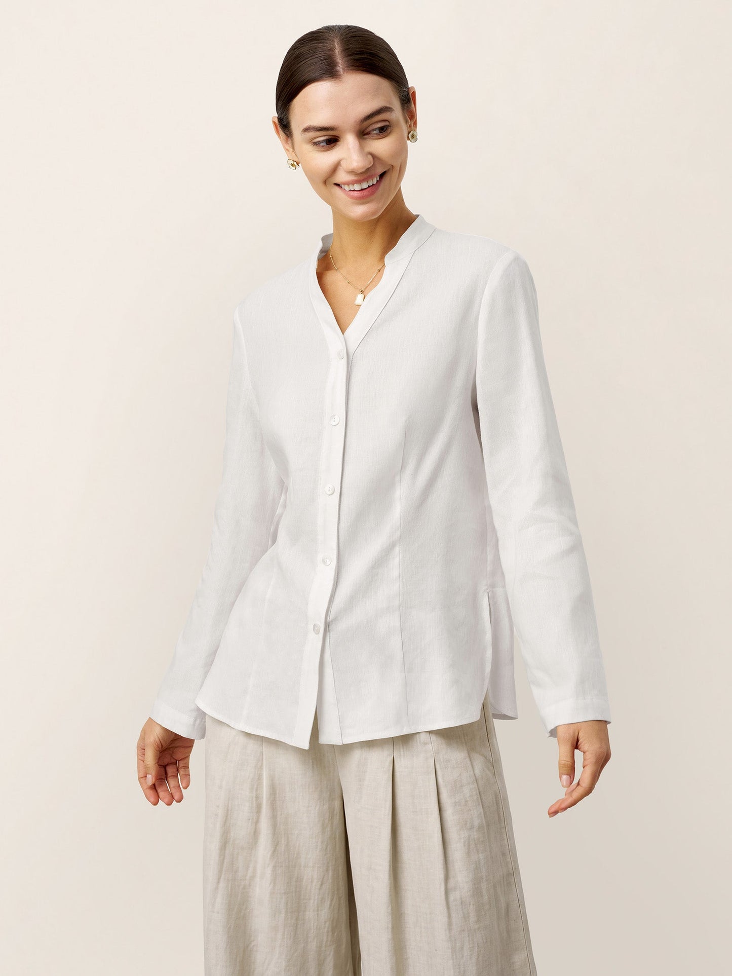 Linen-Lyocell Mandarin Collar Fitted Seam Shirt THORA