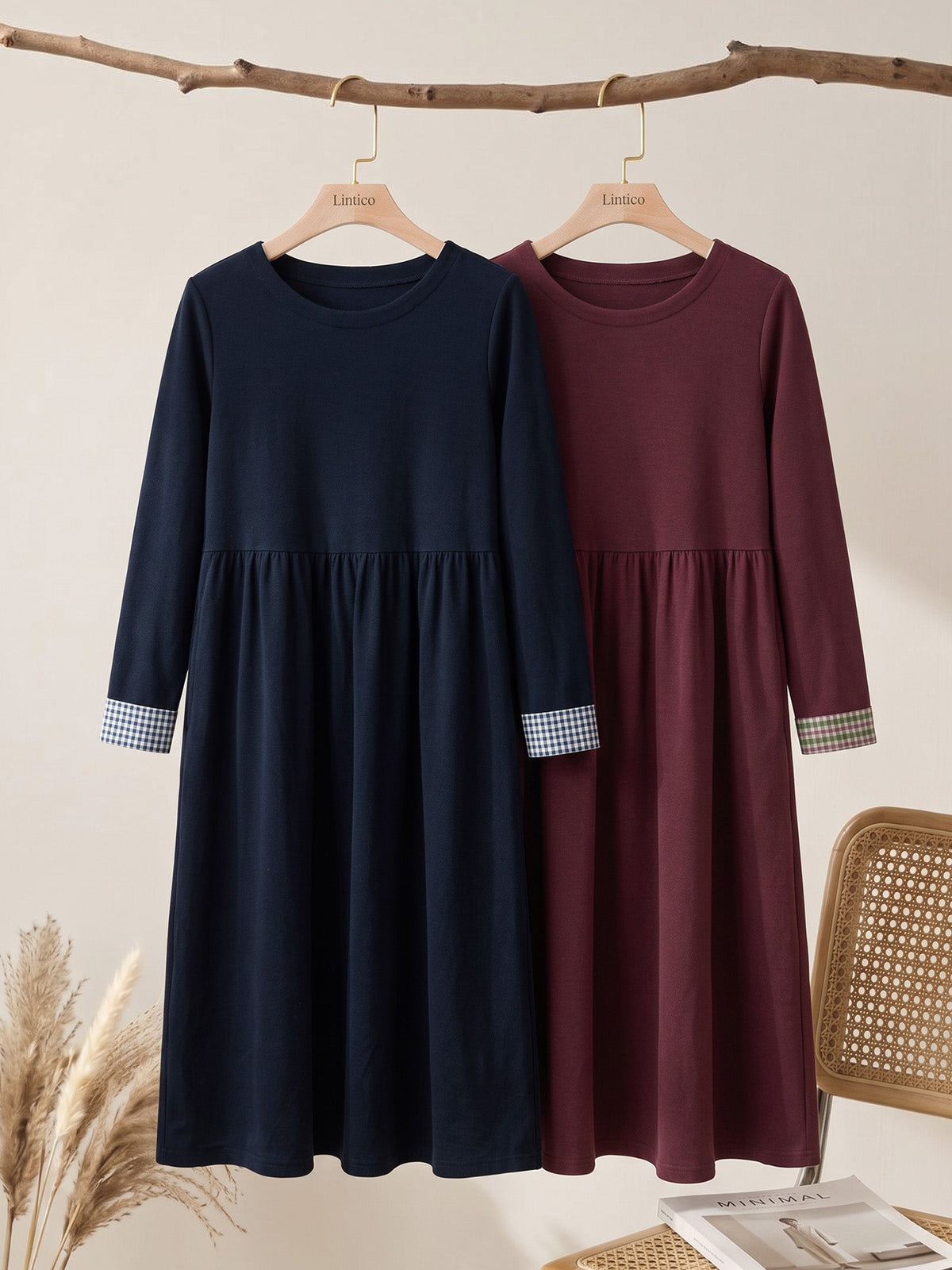 Organic Cotton Patchwork Cuff Crew Neck Casual Midi Dress SCARLETT