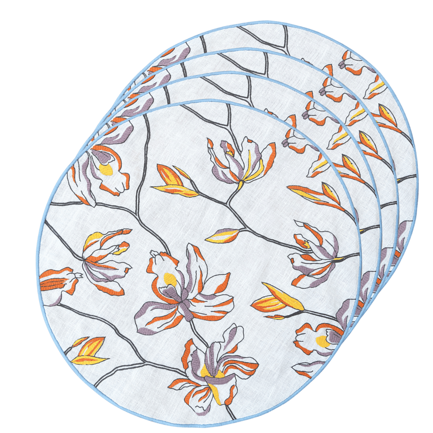 Hand Embroidered Floral Fresco Placemats 16" round (Set of 4)