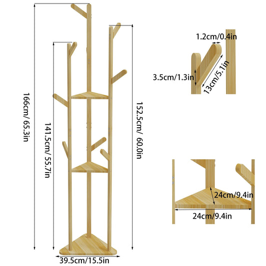 Bamboo Corner Tree Coat Rack Stand Clothes Hanger with Hooks and Shelves