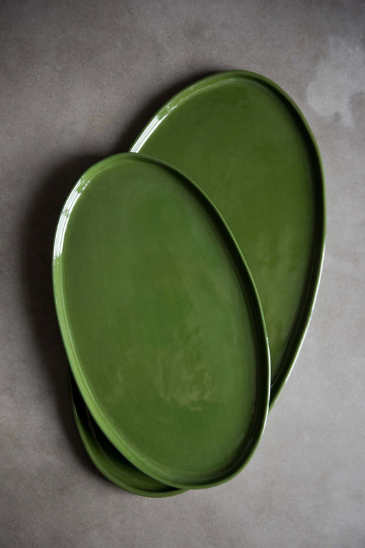 Handmade Oval Porcelain Platter. Green