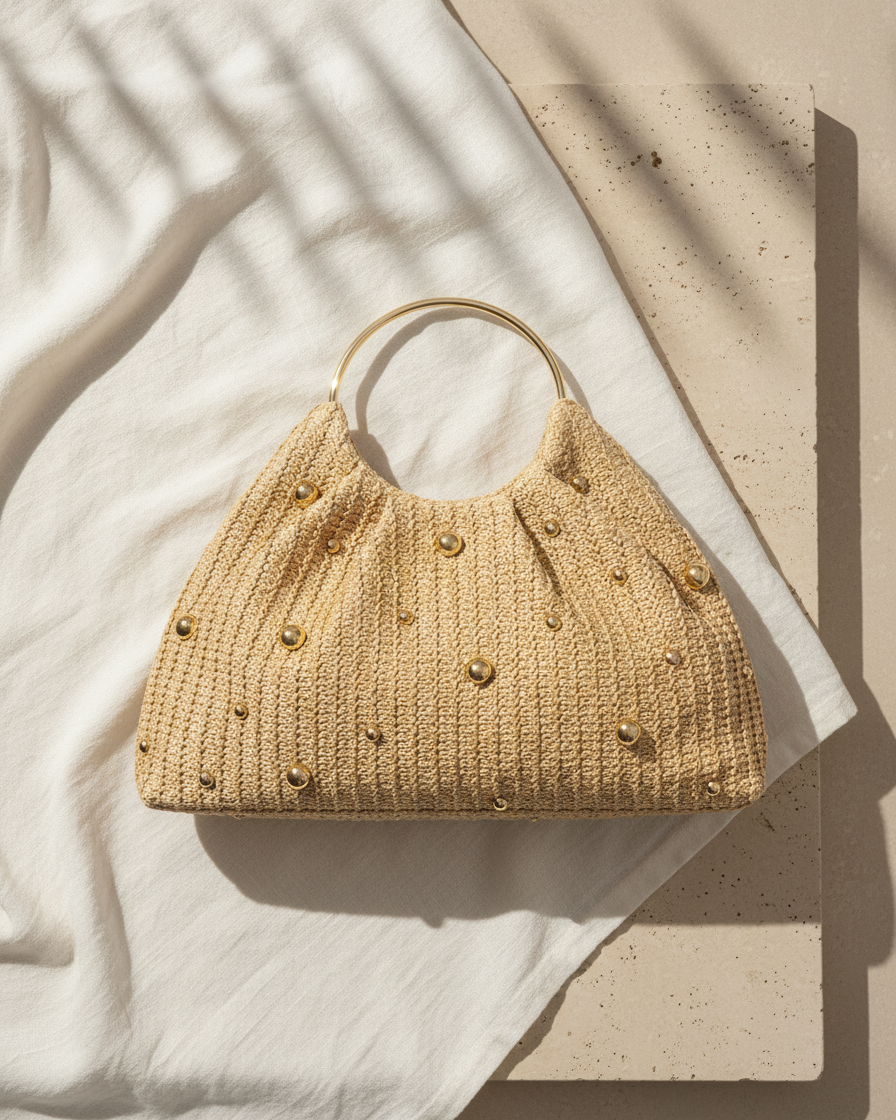 Artisanal Studded Handwoven Raffia Bag with Sculptural Gold Ring Handle