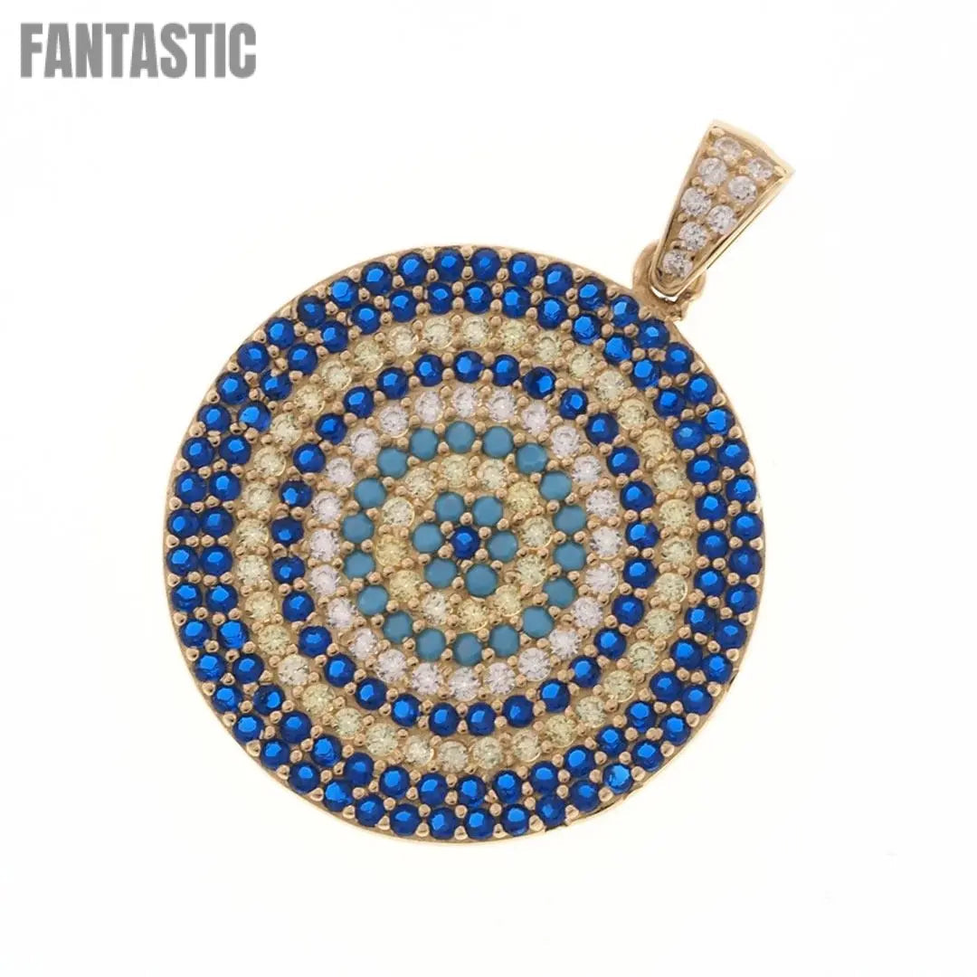 14K Gold Turkish Blue Evil Eye Round Pendant
