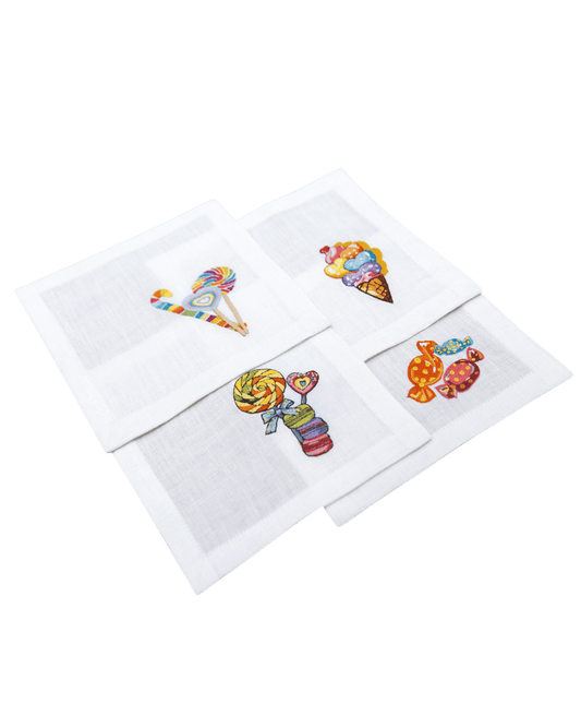 Hand Embroidered Candy Crush Cocktail Napkins 6" x 6" (Set of 4)