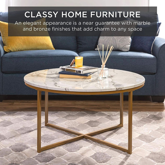 Round Coffee Table With Faux Marble Top Cross Leg Design