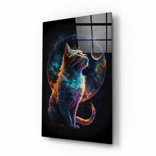 Moon Cat Glass Wall Art || Designer Collection