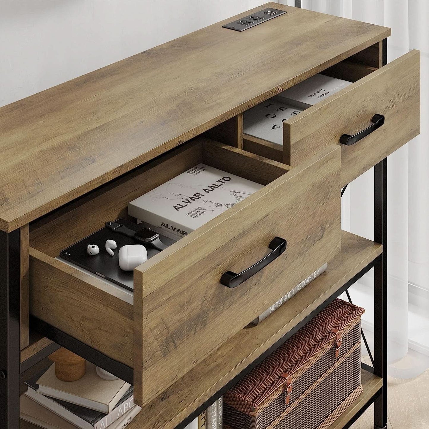 Rustic Brown Industrial Console Table With Storage Shelves