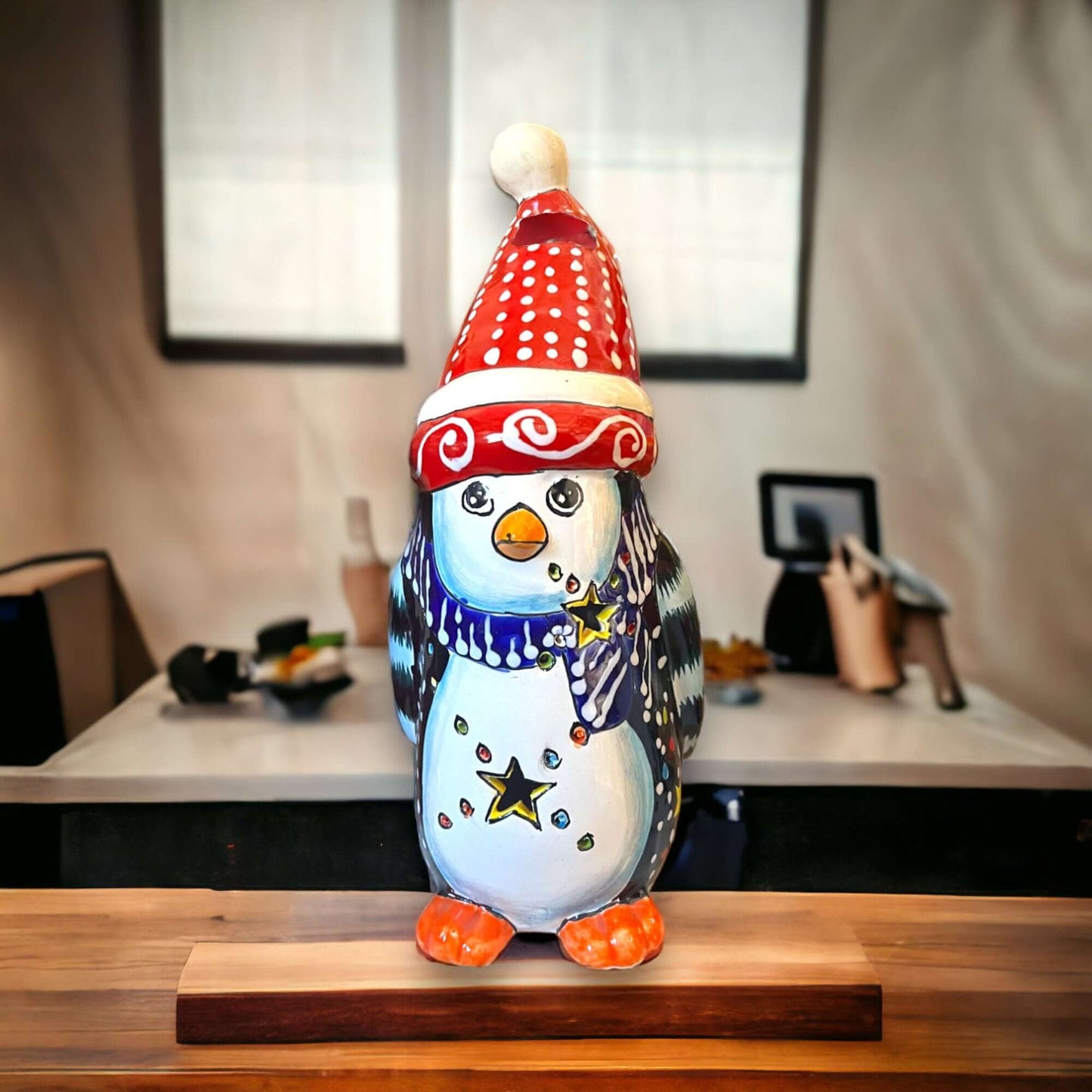 Hand-Painted Talavera Penguin Statue | Festive Christmas Decor