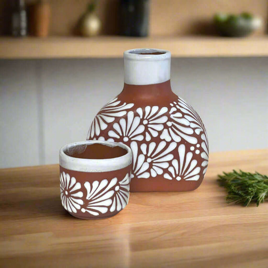 Terracotta Water Carafe Set | Talavera-Style Bedside Decanter