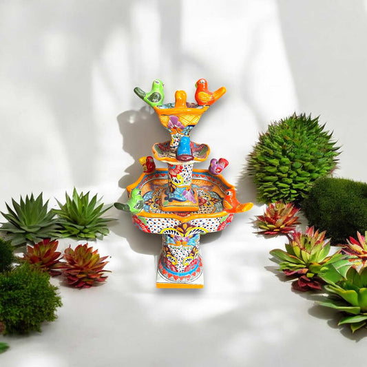 Handmade Talavera Bird Fountain | Outdoor Water Fountain (27” Tall