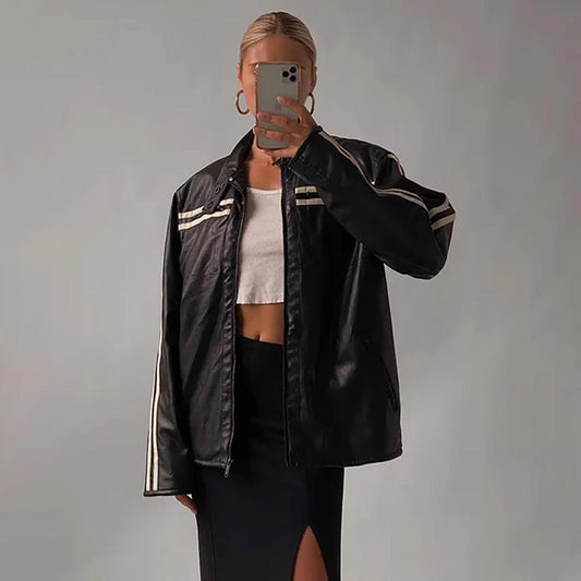 80's Women's Vintage Black Oversized Jacket, Women Casual Genuine Leather Jacket, Ladies Black Striped Jacket, 80's Style Jacket, Gift Her